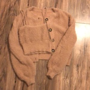 Two piece fuzzy crop top and cardigan set